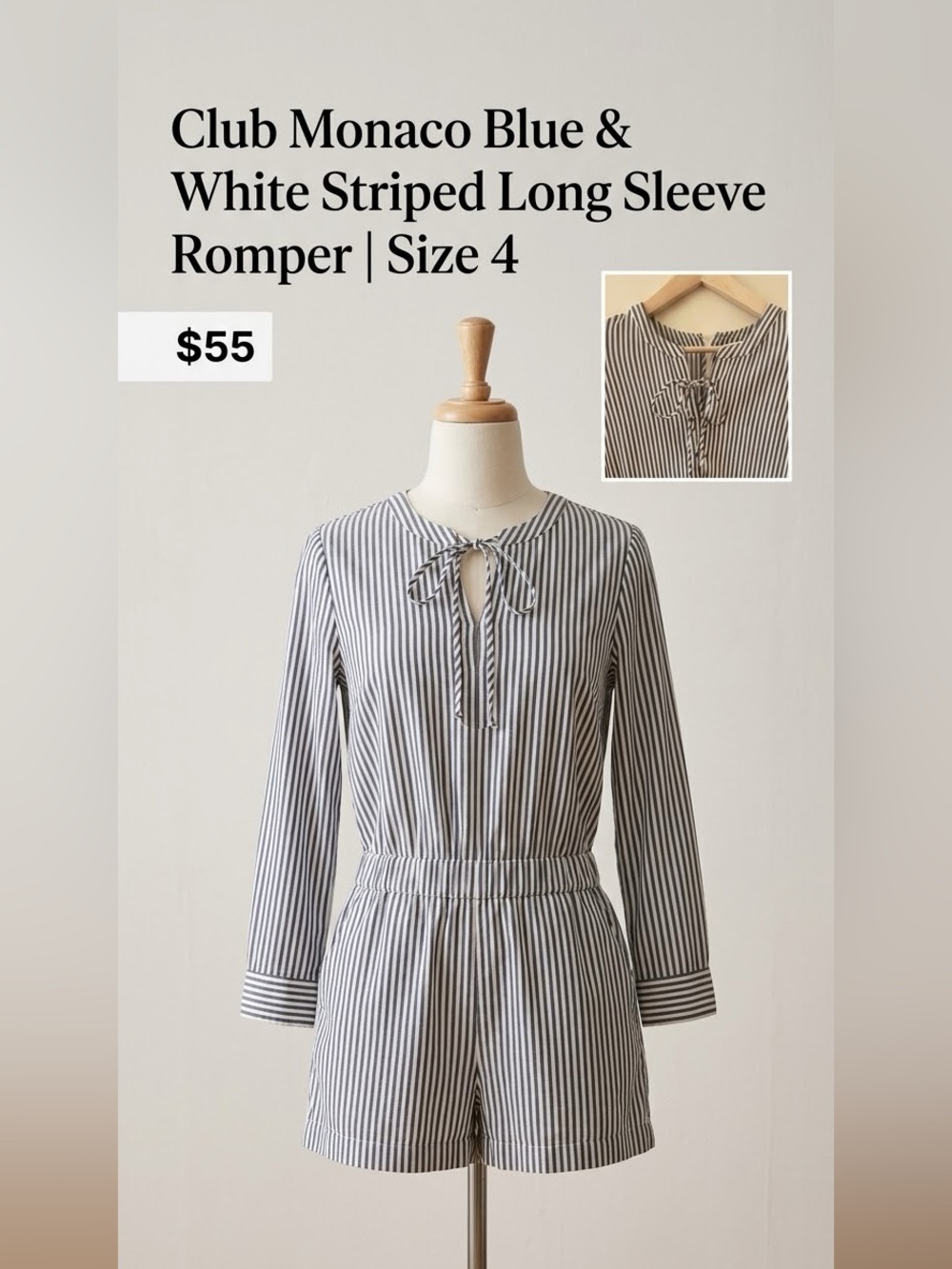 Club Monaco Blue & White Striped Long Sleeve Romper | Size 4